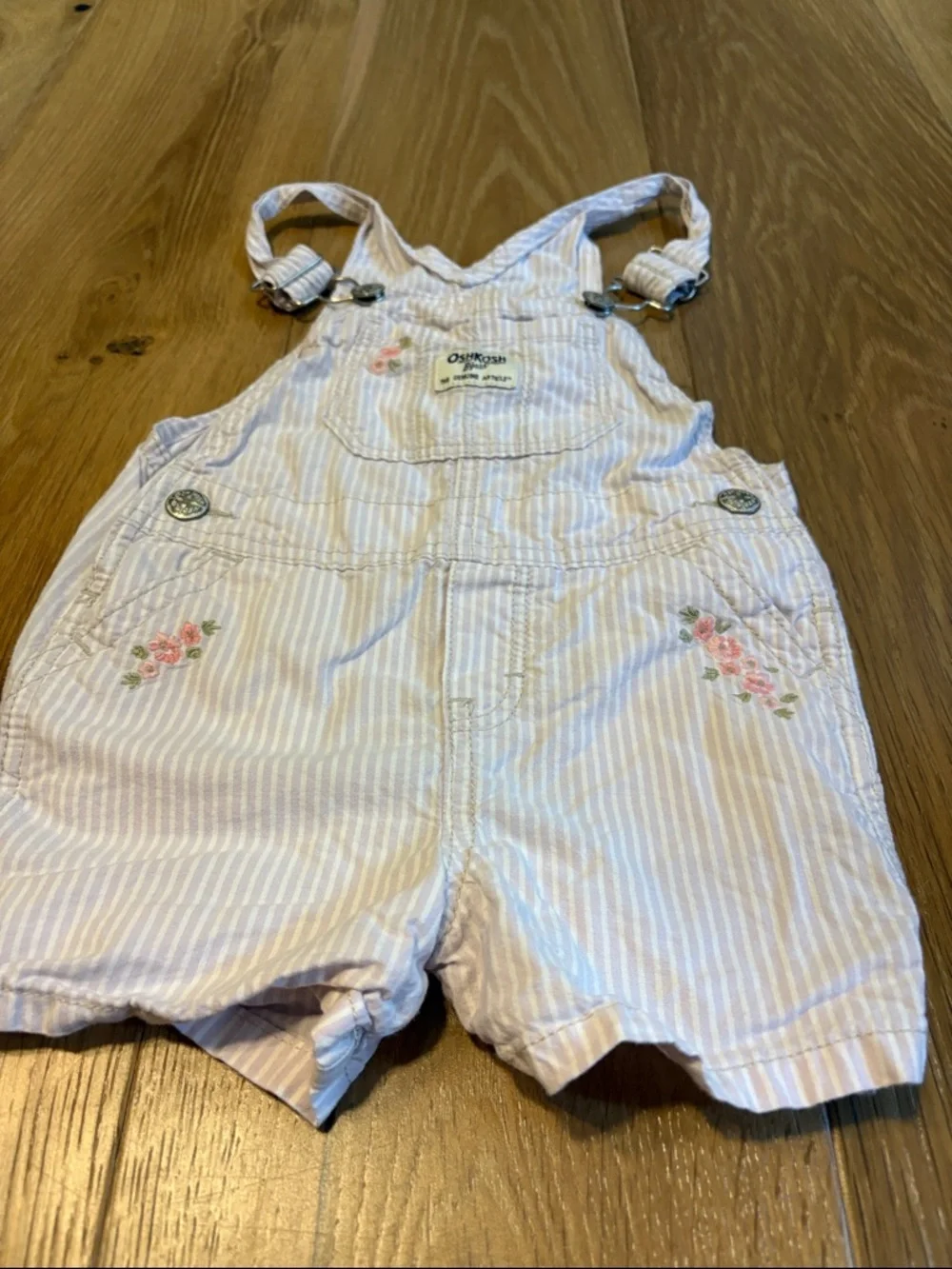 OshKosh B'gosh 2T Light Pink/Purple White Striped Floral Short Overalls Cotton